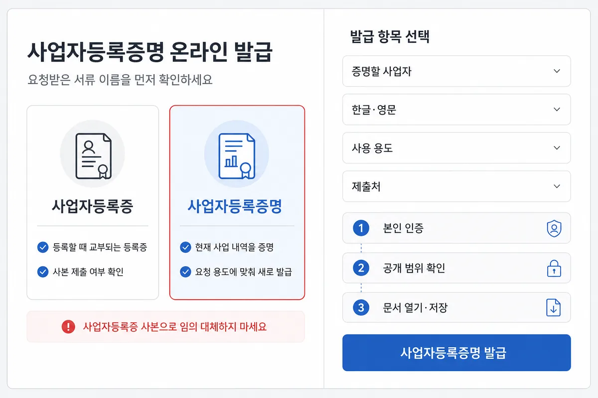 사업자등록증과 사업자등록증명의 차이와 발급 항목을 설명하는 안내 화면