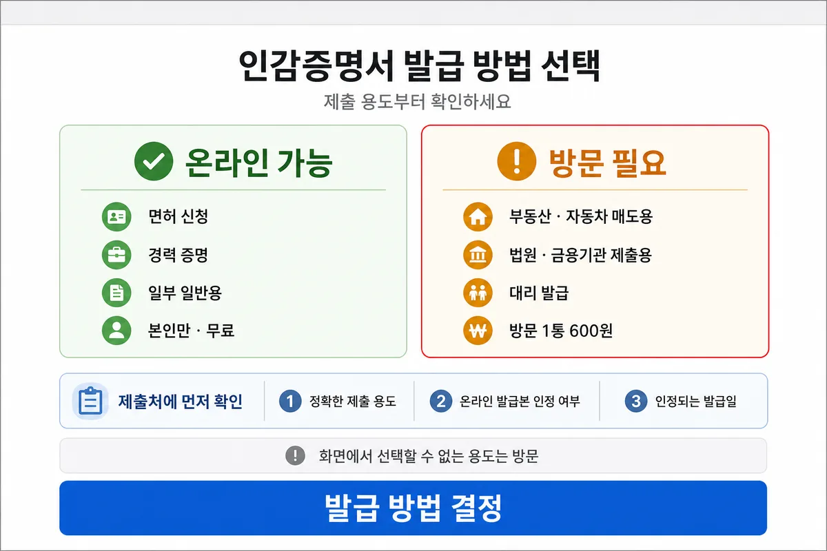 인감증명서 용도별 온라인 발급 가능 여부와 방문 필요 여부를 비교하는 안내 화면