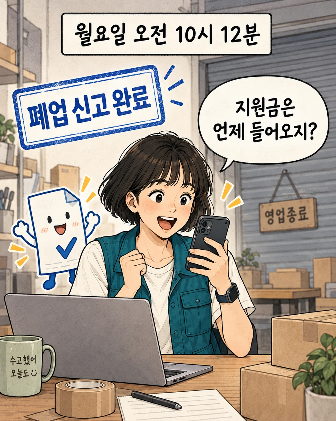 폐업 신고 처리 완료 화면과 입금 알림 0건을 확인하는 박쇼핑