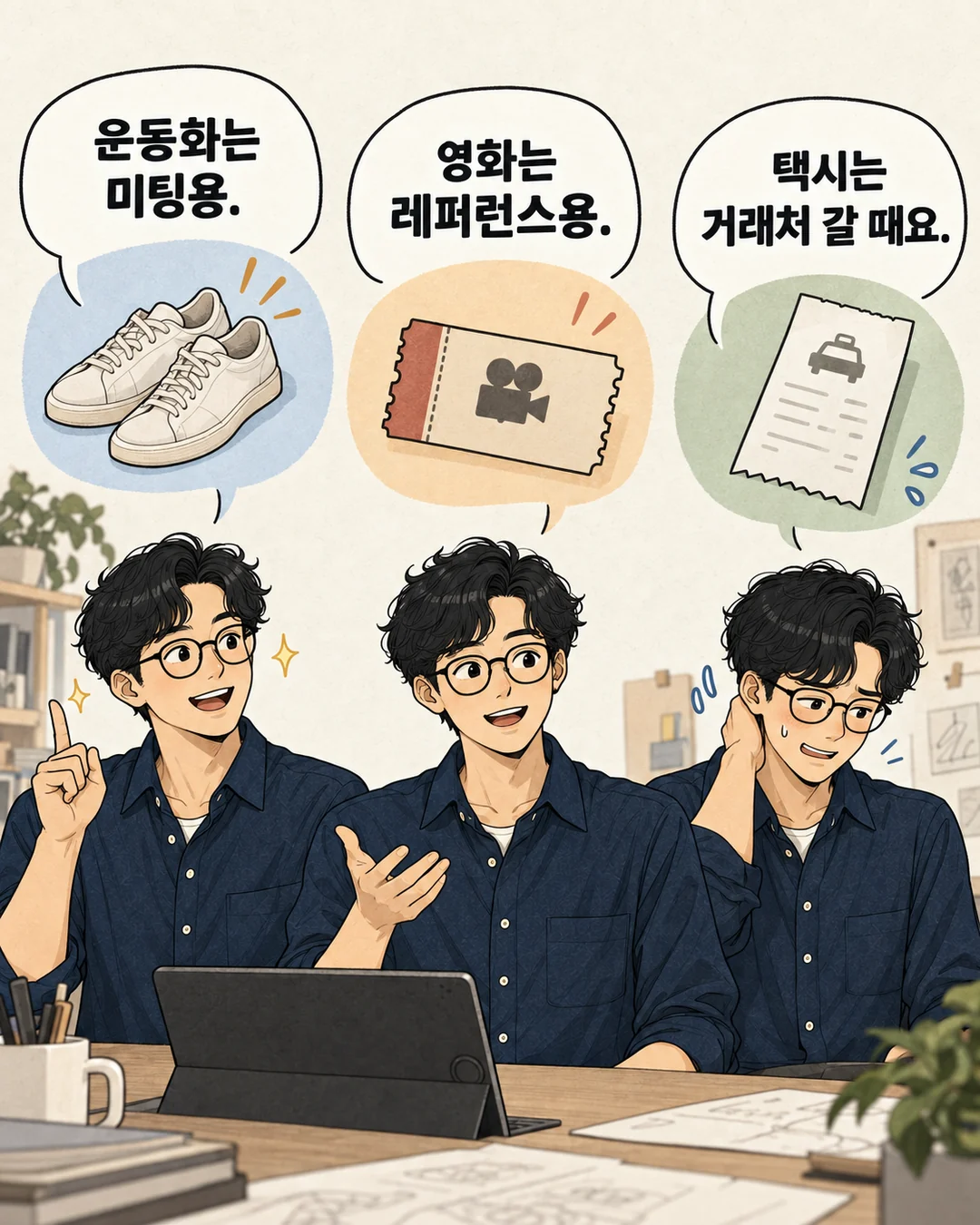 최디자인이 운동화, 영화표, 택시 영수증의 업무 관련성을 하나씩 설명한다.