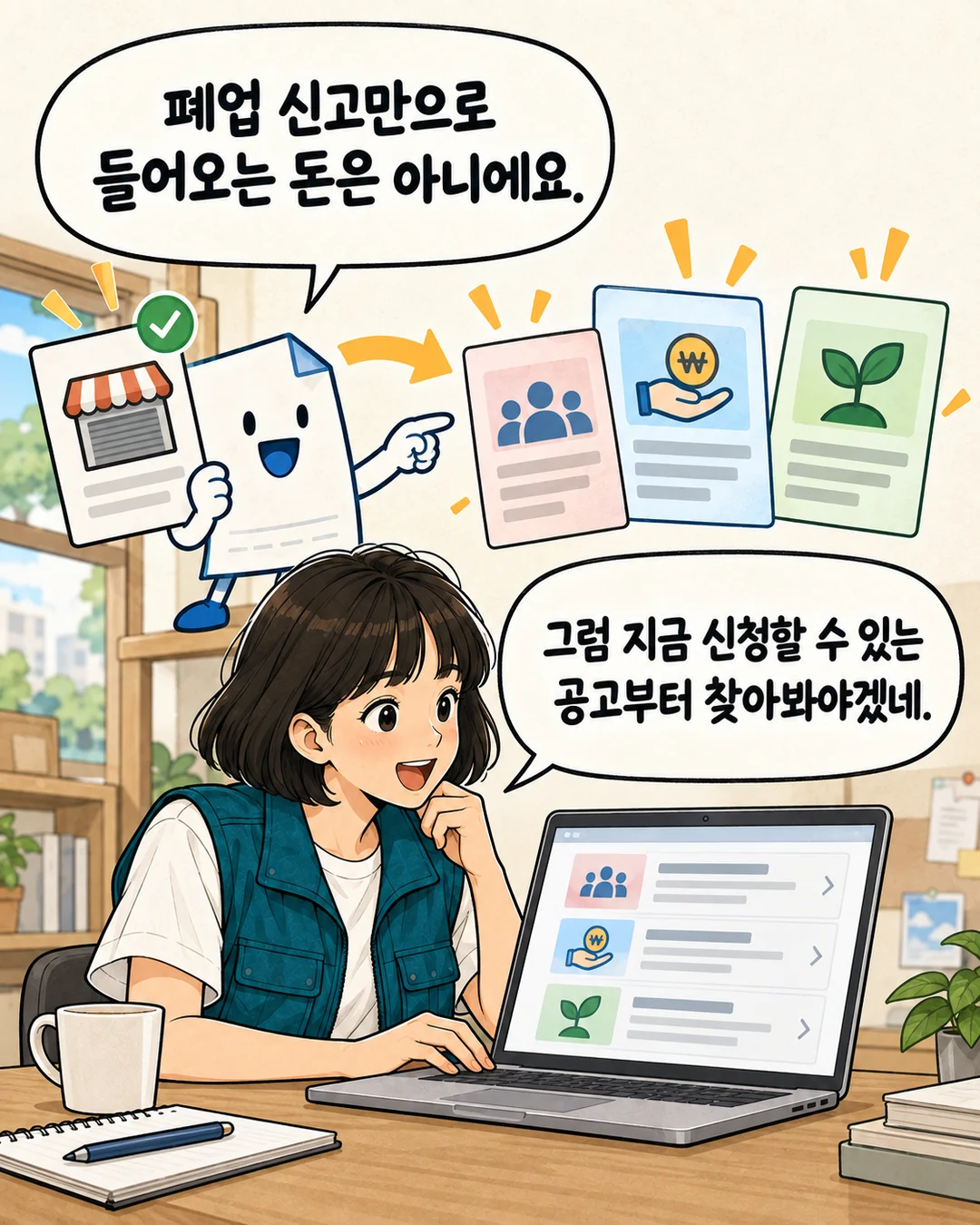 폐업 신고만으로 지원금이 들어오는 것은 아니라는 설명을 듣고 현재 공고를 찾는 박쇼핑