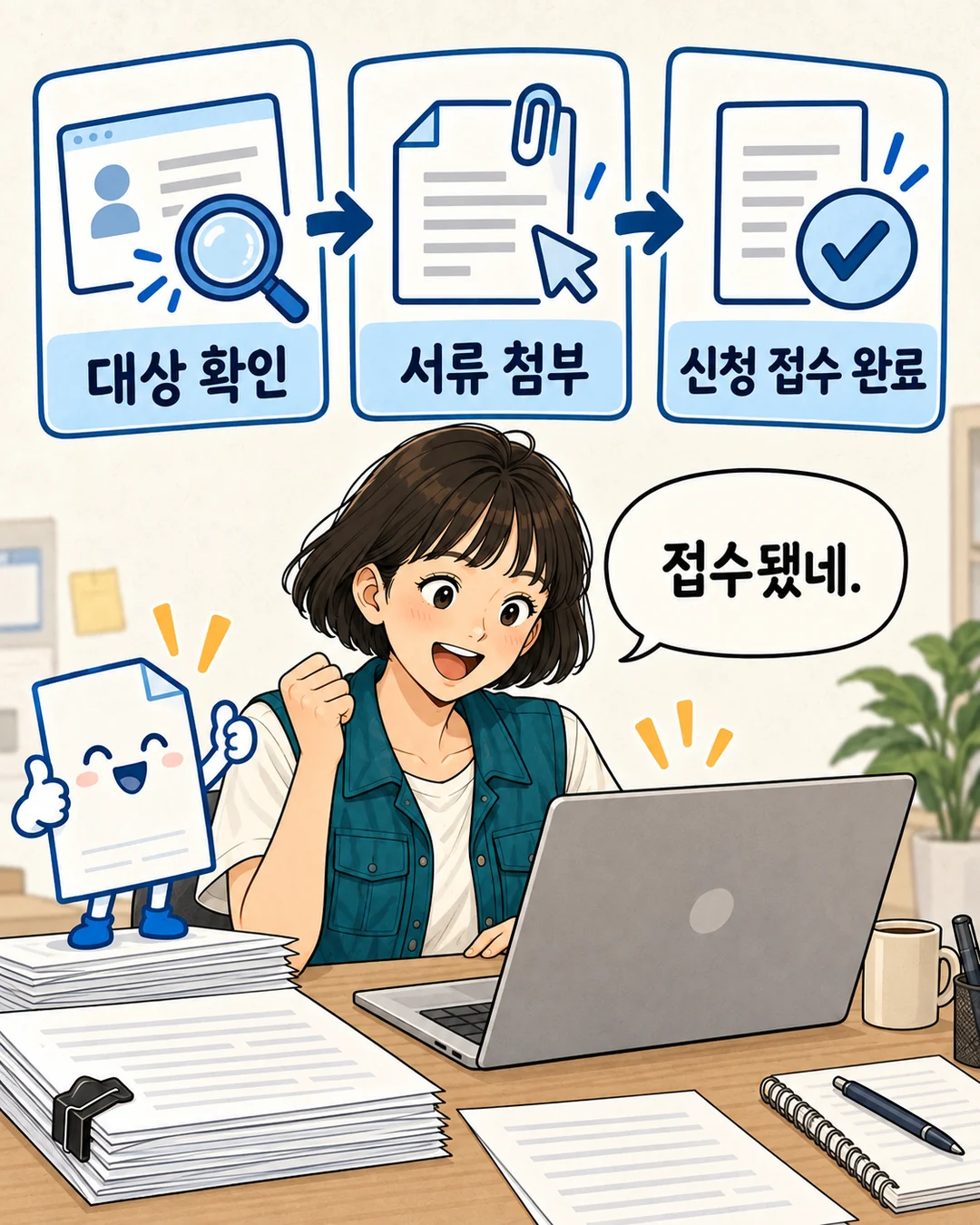 박쇼핑이 대상 확인과 서류 첨부를 거쳐 신청 접수 완료를 확인한다