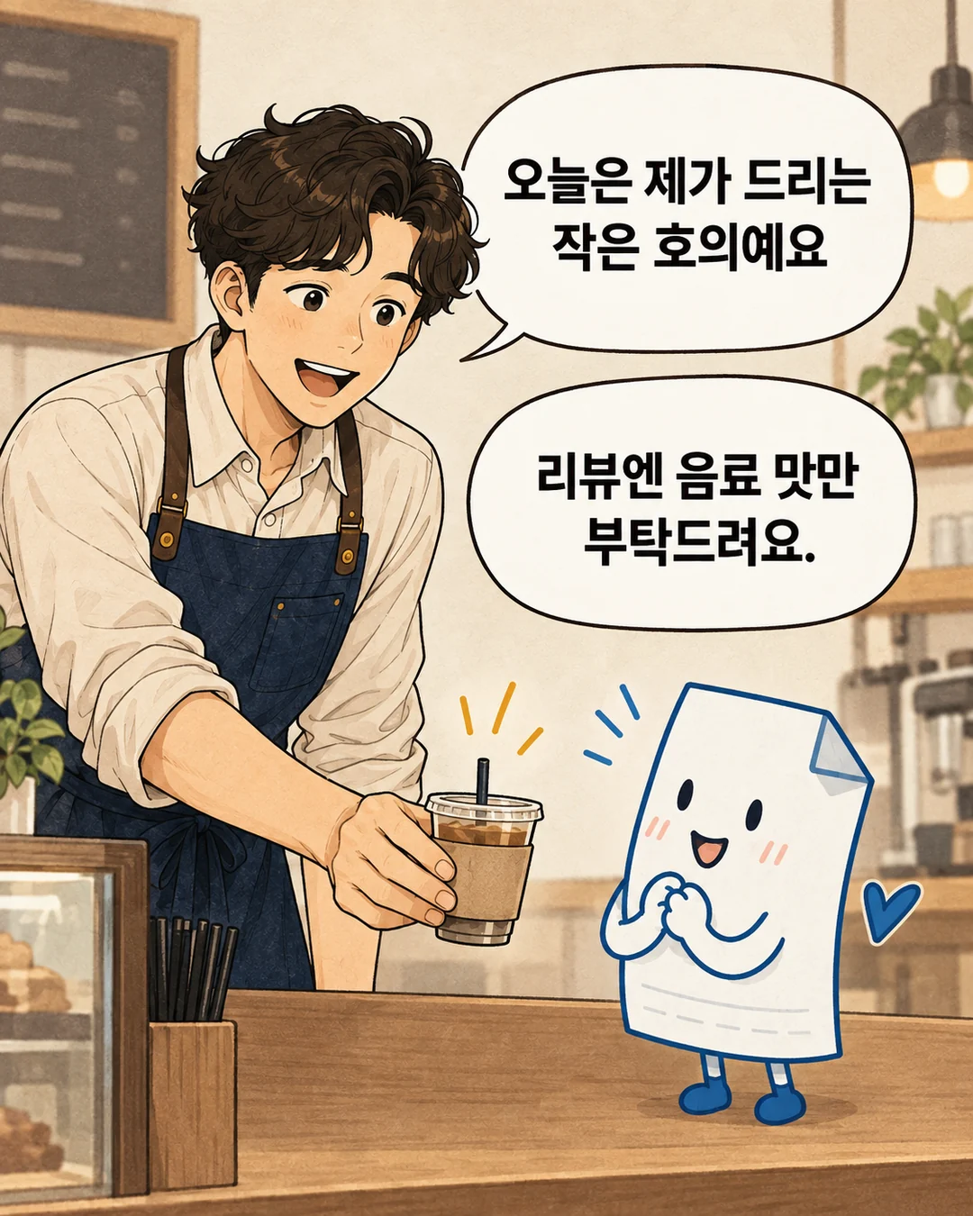 김카페가 단골에게 작은 음료를 건네며 부드럽게 설명한다.