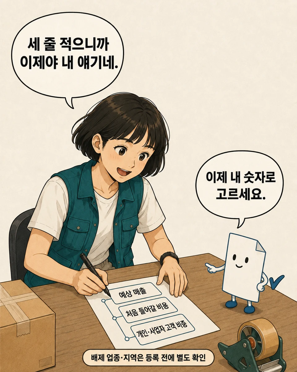 과세 유형을 선택하기 전에 예상 매출, 초기 비용과 고객 유형을 적는 박쇼핑
