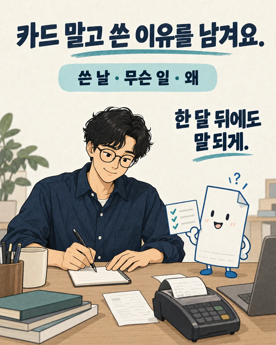 챙길이가 메모 카드를 들고 최디자인은 결제 내역 옆에 사용 목적을 적는다.