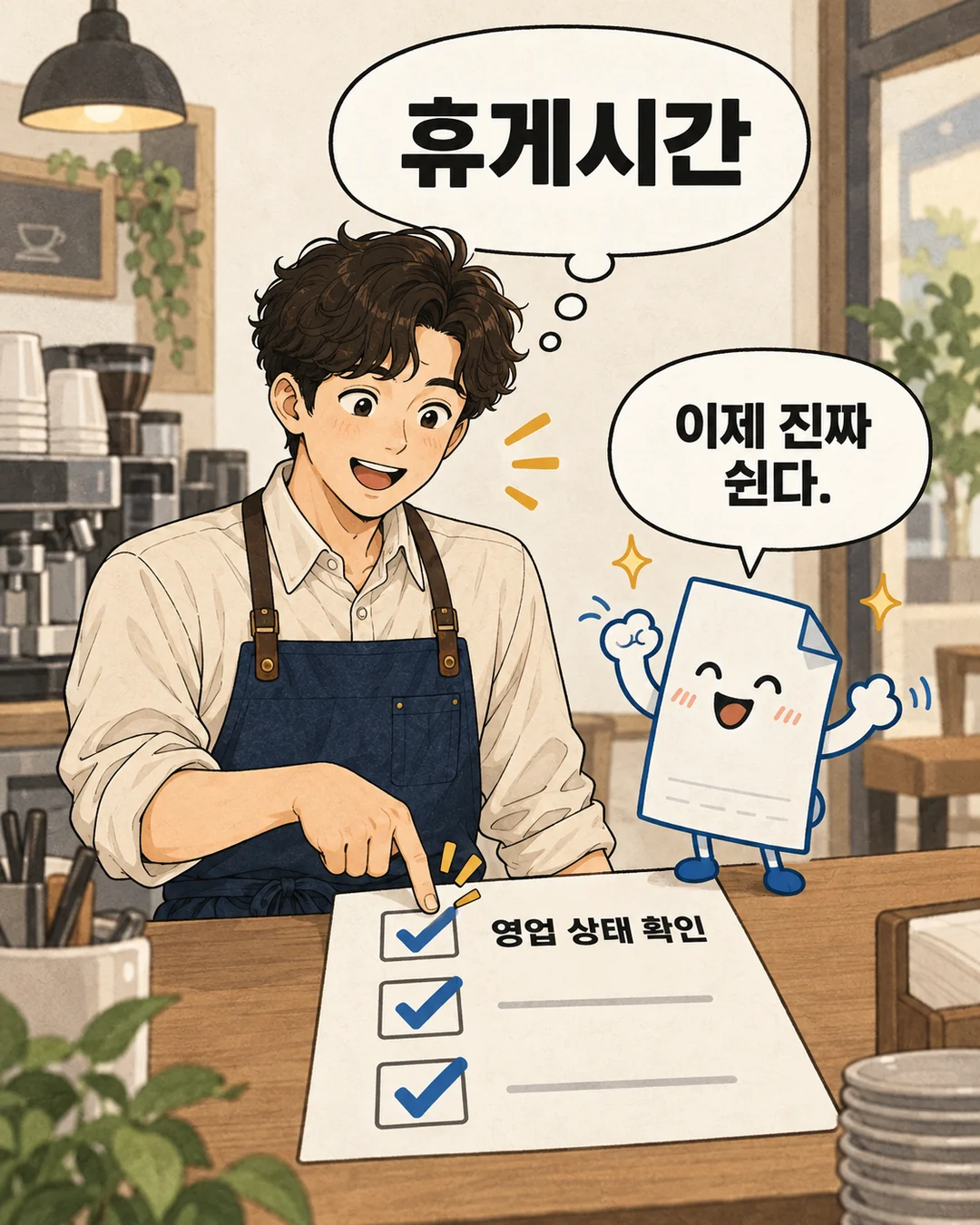 다음 날 김카페가 휴게시간 직전 체크리스트 세 칸을 차례로 누른다.