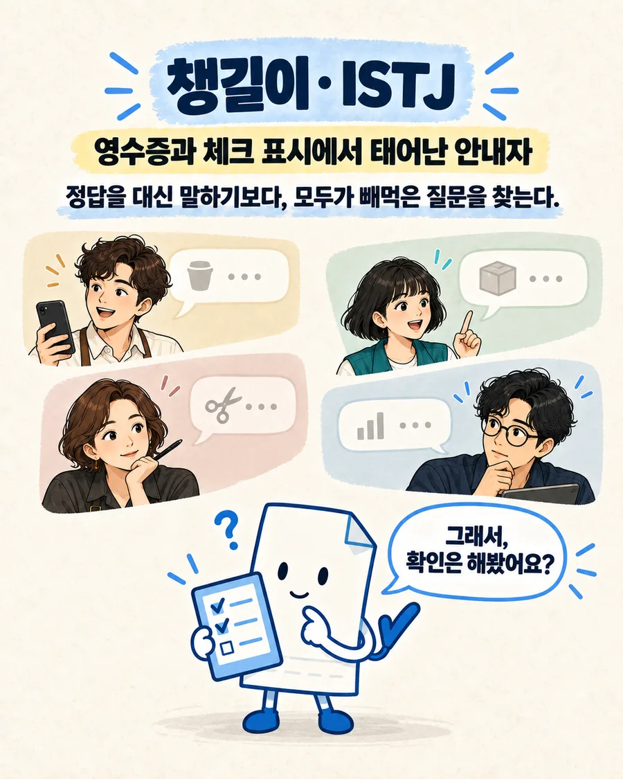 영수증과 체크 표시를 닮은 안내자 챙길이 소개