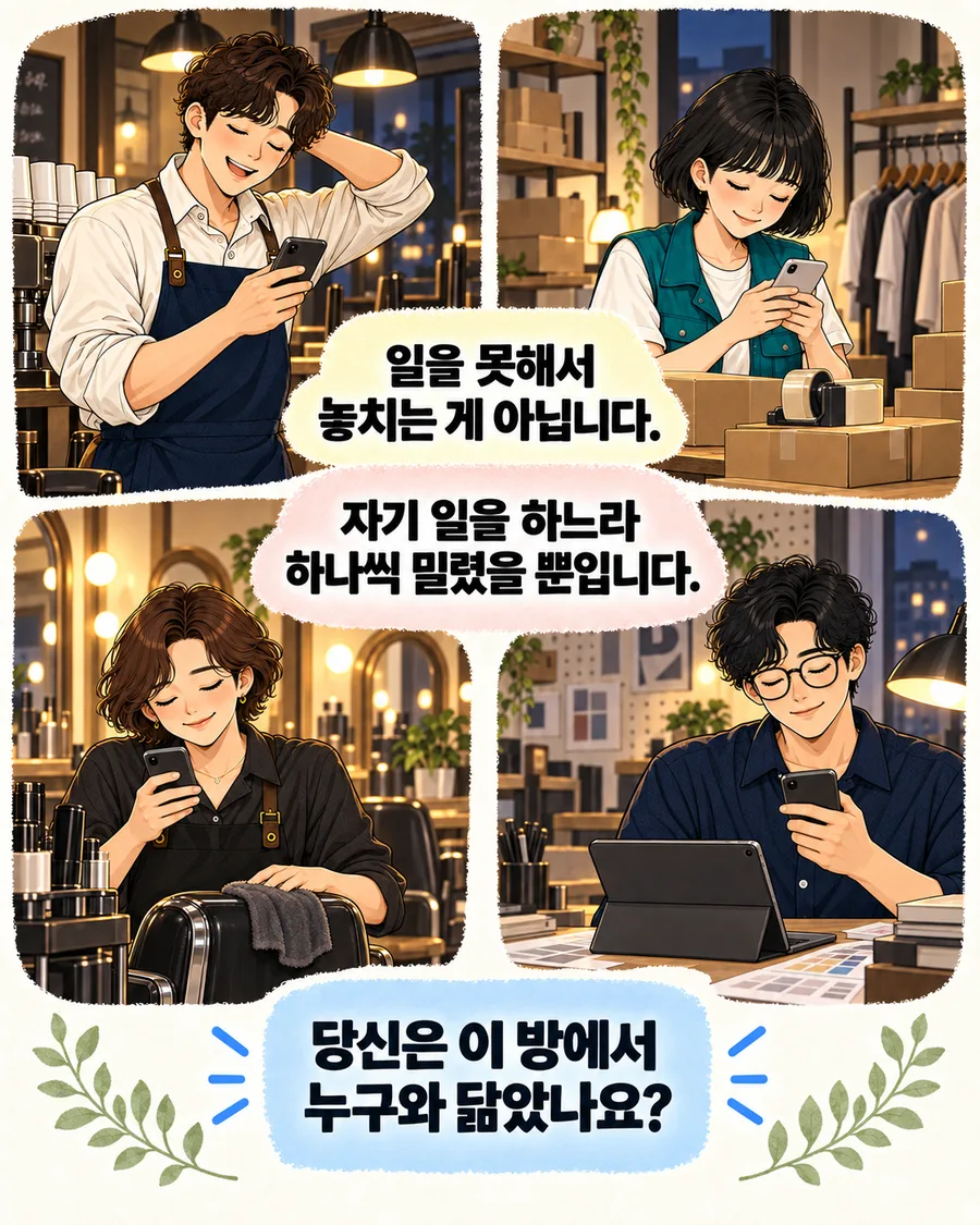각자의 일터에서 단톡방을 확인하는 네 사장님