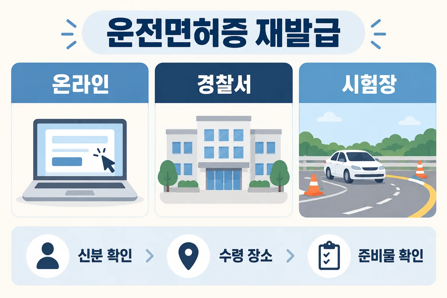 운전면허증 재발급의 온라인 경찰서 운전면허시험장 신청 경로를 비교한 안내 화면